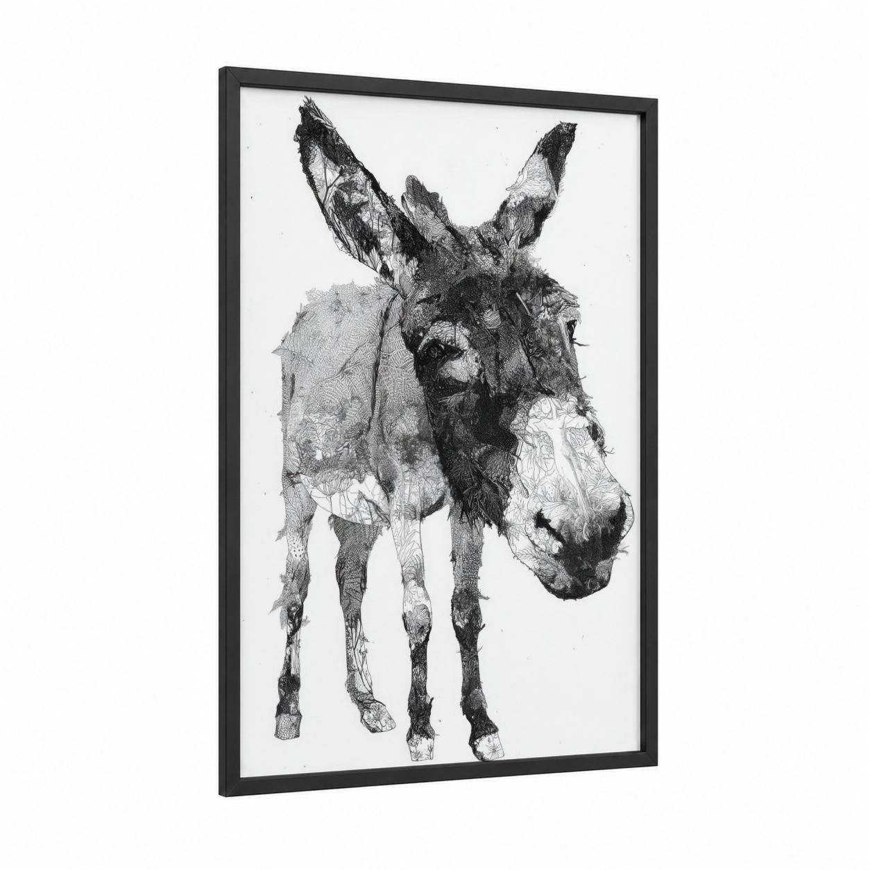 Sketched Donkey Portrait framed art print — black wood frame — black and white palette