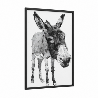 Sketched Donkey Portrait framed art print — black wood frame — black and white palette