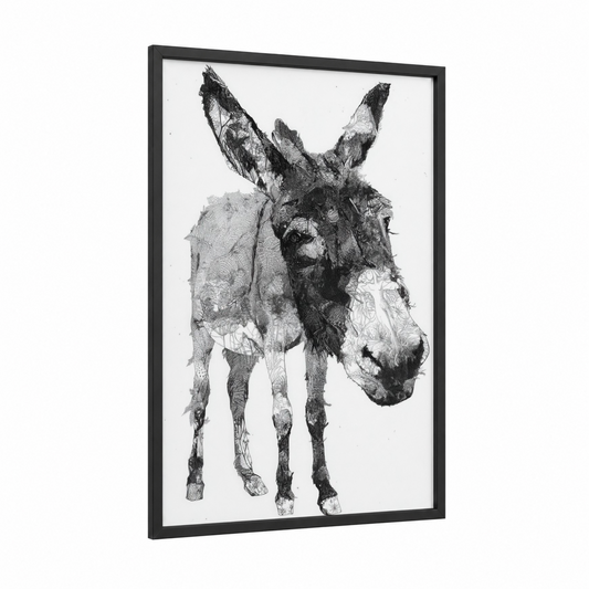 Sketched Donkey Portrait framed art print — black wood frame — black and white palette