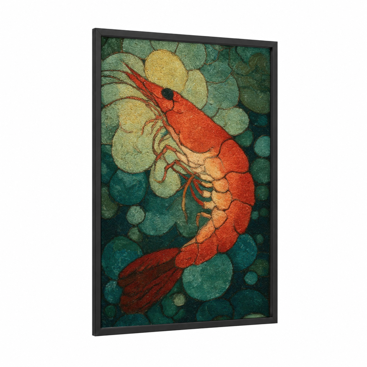 Coral Shrimp framed art print — black wood frame — teal and orange palette