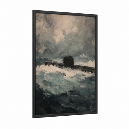 Stormy Submarine framed art print — black wood frame — gray and teal palette