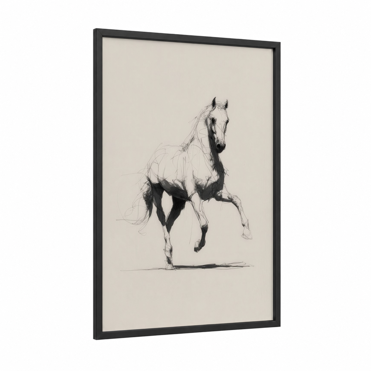 Graceful Andalusian framed andalusian horse print — black wood frame — black and white and cream palette