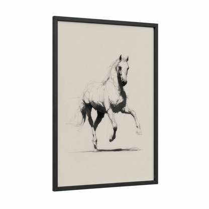 Graceful Andalusian framed andalusian horse print — black wood frame — black and white and cream palette