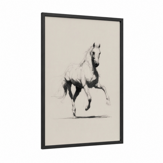 Graceful Andalusian framed andalusian horse print — black wood frame — black and white and cream palette