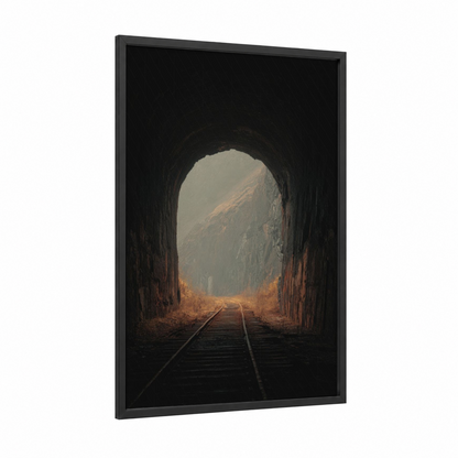 Mountain Tunnel framed art print — black wood frame — gold and gray palette
