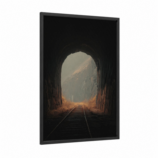 Mountain Tunnel framed art print — black wood frame — gold and gray palette