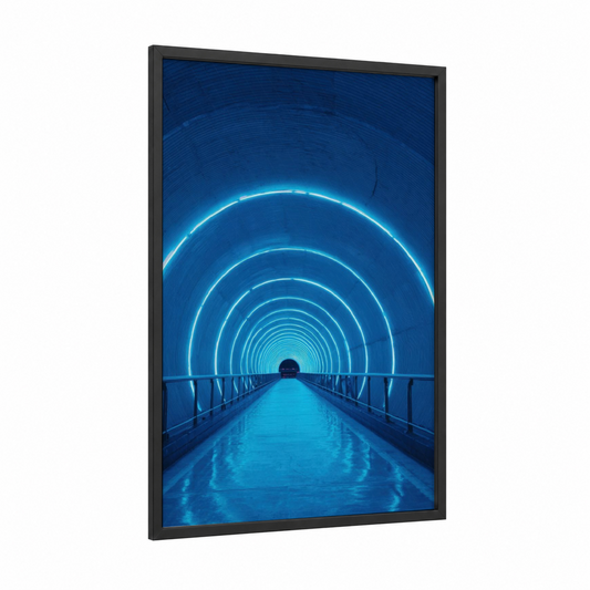 Neon Tunnel framed art print — black wood frame — blue palette