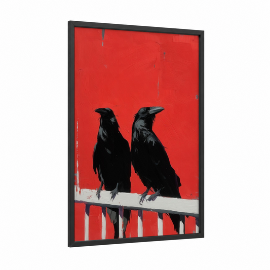 Crimson Pair framed crows and ravens print — black wood frame — red and black and white palette