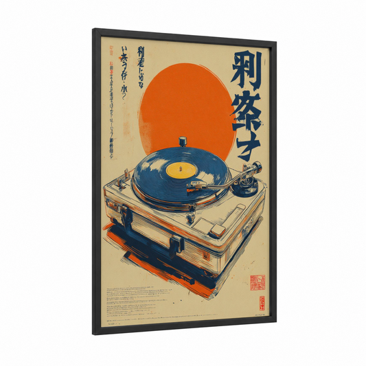 Retro Turntable Sunrise framed vintage japanese ads print — black wood frame — orange and dark blue palette