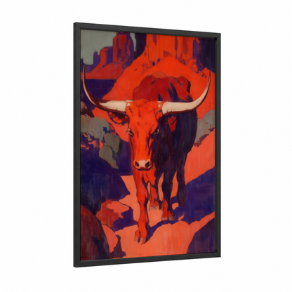 Desert Longhorn framed longhorn cow print — black wood frame — red and purple palette