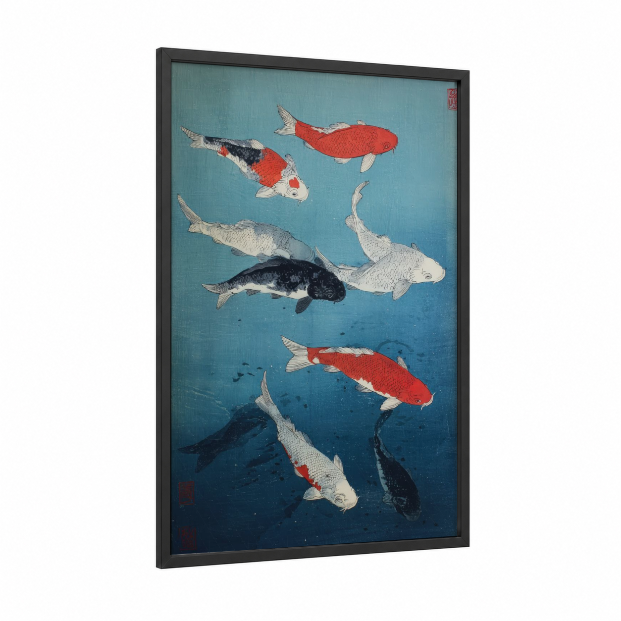 Koi Fish Harmony framed art print — black wood frame — blue and white and teal palette