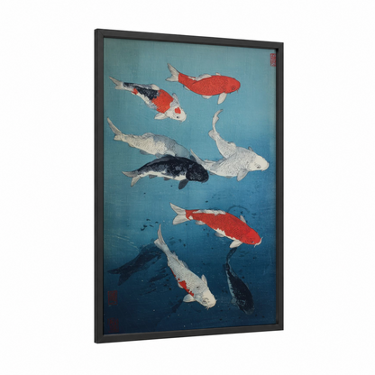 Koi Fish Harmony framed art print — black wood frame — blue and white and teal palette