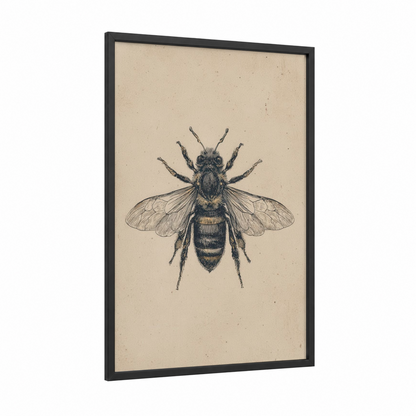 Honeybee Botanical framed art print — black wood frame — beige and black and white palette