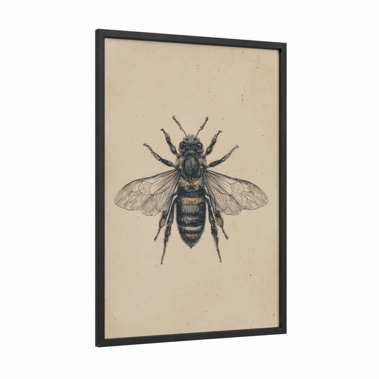 Honeybee Botanical framed art print — black wood frame — beige and black and white palette