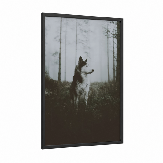 Misty Forest Husky framed art print — black wood frame — black and white and dove gray palette