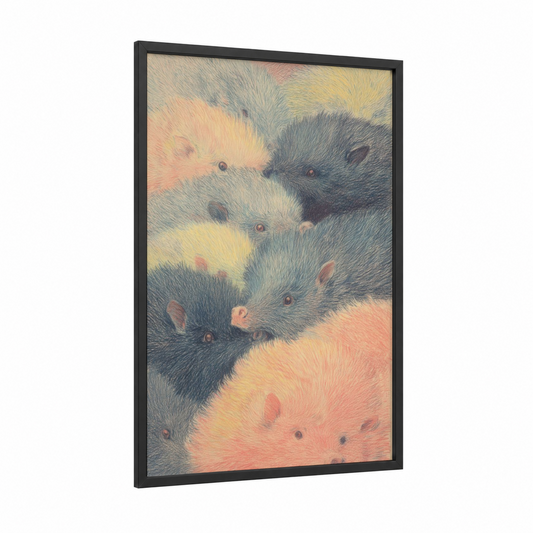 Dreaming Bats framed art print — black wood frame — beige and gray palette