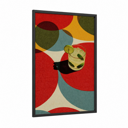 Lime Refresher framed cocktail print — black wood frame — red and gold palette