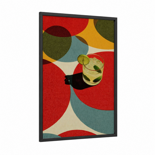 Lime Refresher framed cocktail print — black wood frame — red and gold palette