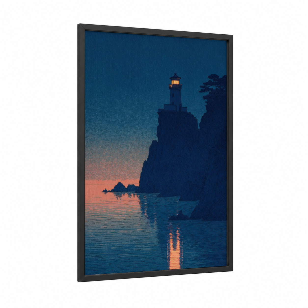 Twilight Lighthouse framed art print — black wood frame — dark blue and gold palette