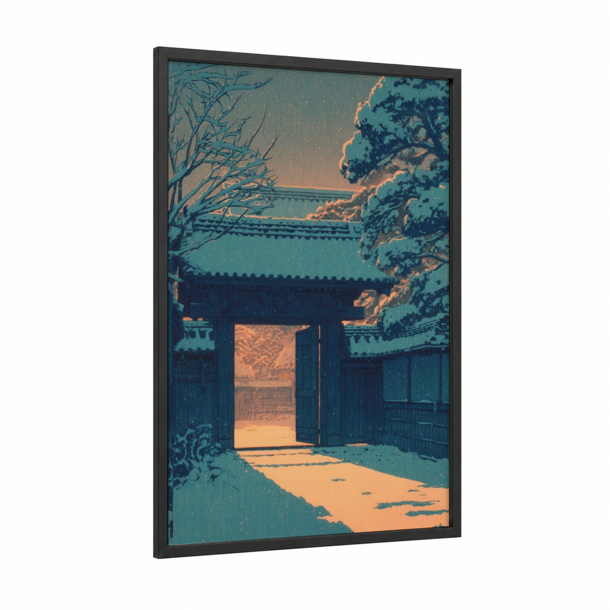 Moonlit Temple Gate framed door print — black wood frame — dark blue and gold palette