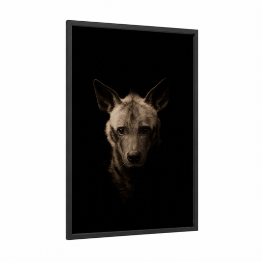 Shadowlit Hyena framed art print — black wood frame — black and white and gold palette