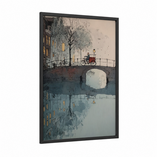 Rickshaw Canal Bridge framed art print — black wood frame — gray and blue and white palette