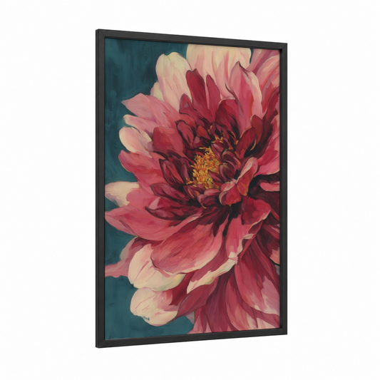Crimson Dahlia framed art print — black wood frame — red and teal palette