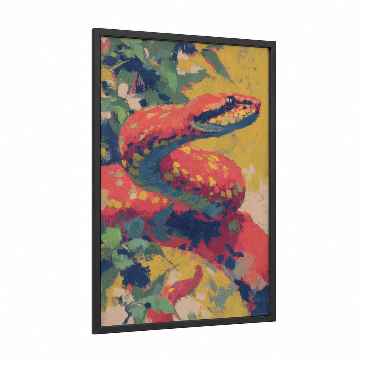 Crimson Viper framed art print — black wood frame — red and gold palette