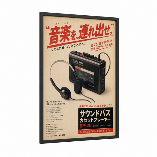 Vintage Japanese Cassette Player Ad Wall Art framed vintage japanese ads print — black wood frame — red and beige palette