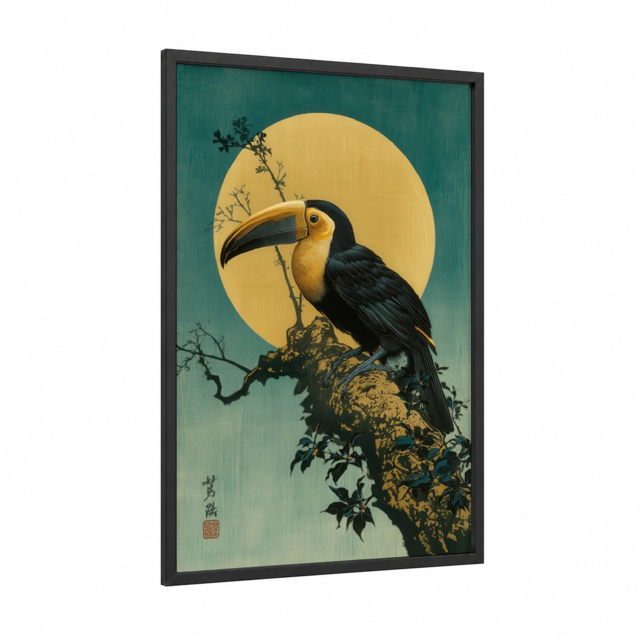 Golden Sunset Toucan framed art print — black wood frame — yellow gold and teal palette