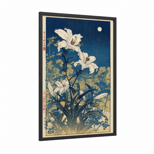 Moonlit Amaryllys framed amarillys print — black wood frame — dark blue and gold palette