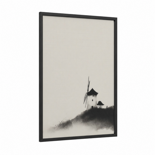 Windmill in Mist framed windmills print — black wood frame — black and white and cream palette