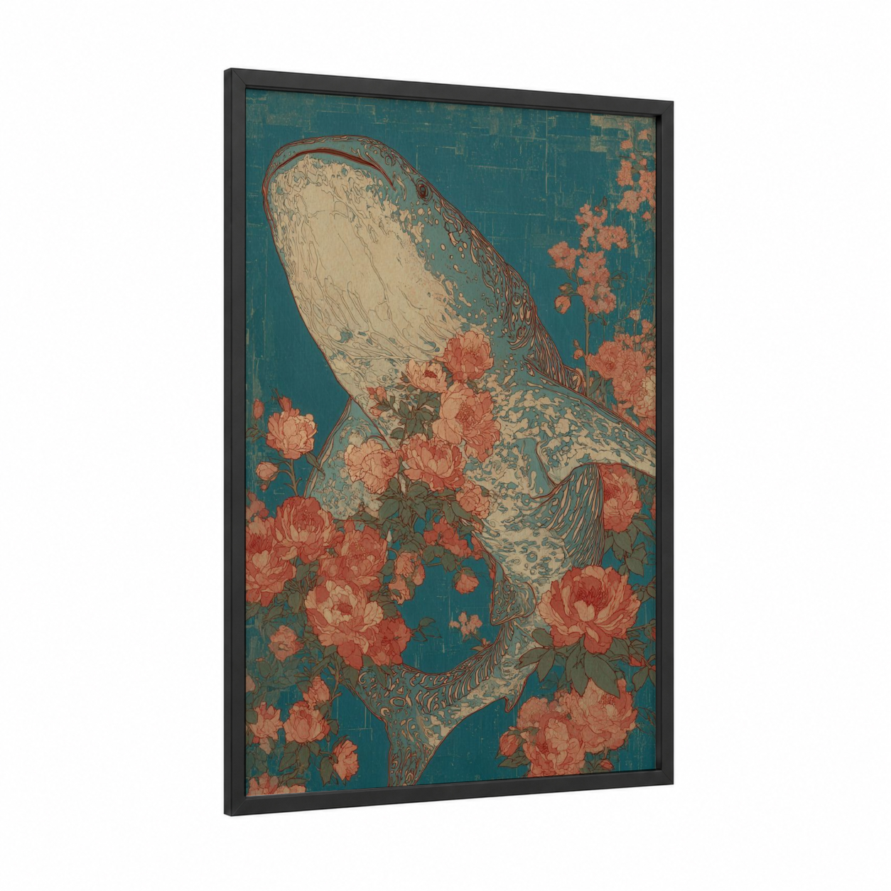 Coral Whale Shark framed art print — black wood frame — teal and salmon pink palette