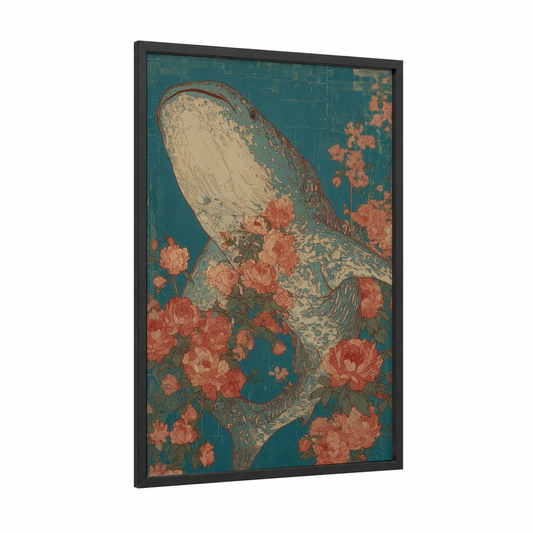 Coral Whale Shark framed art print — black wood frame — teal and salmon pink palette