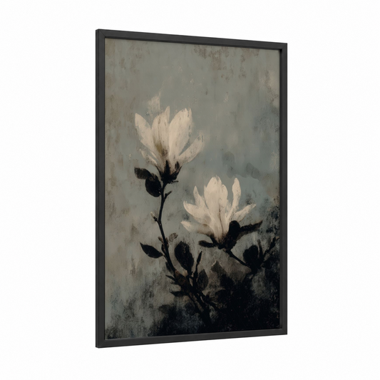 Ethereal Magnolia framed art print — black wood frame — black and white and gray palette