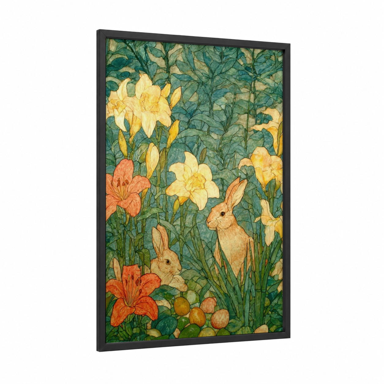 Easter Garden Rabbits framed art print — black wood frame — yellow gold and true green palette