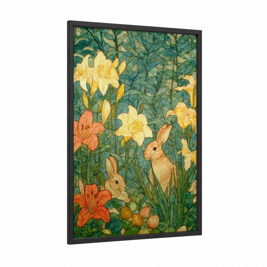 Easter Garden Rabbits framed art print — black wood frame — yellow gold and true green palette