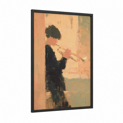 Solitary Trumpeter framed art print — black wood frame — peach and sage green palette