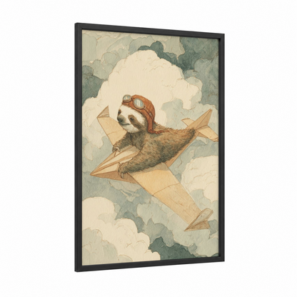Aviator Sloth framed art print — black wood frame — cream and sage green palette