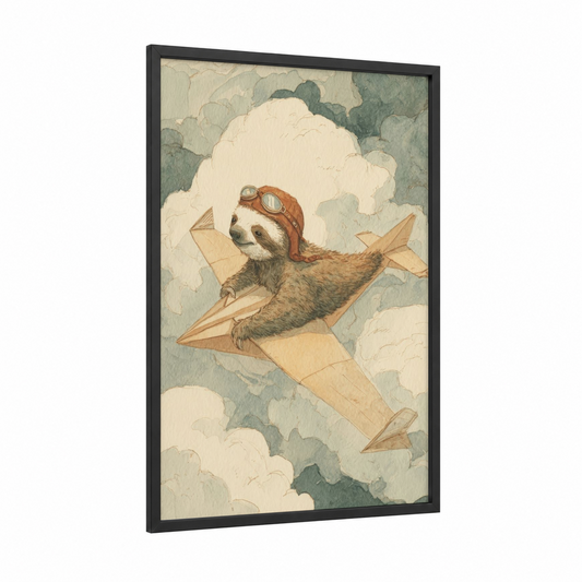 Aviator Sloth framed art print — black wood frame — cream and sage green palette