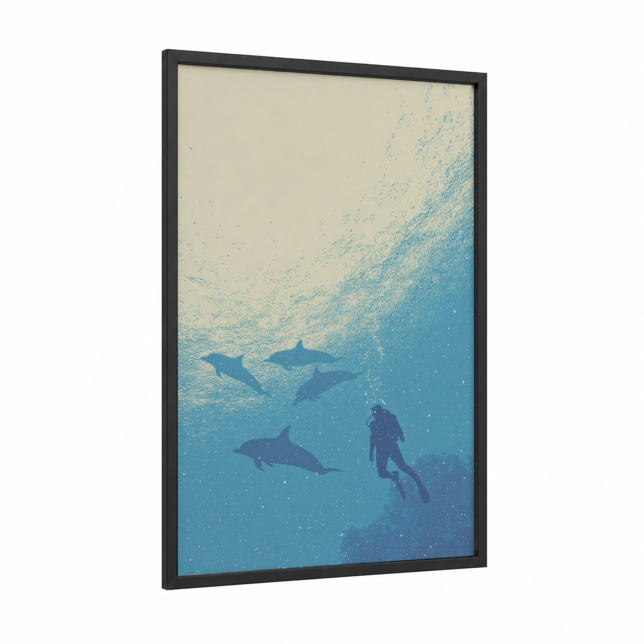 Underwater Encounter framed diving print — black wood frame — blue and cream palette