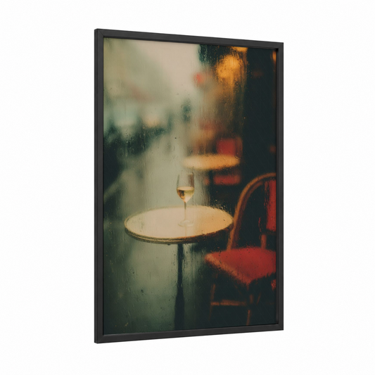 Rainy Elegance framed white wine print — black wood frame — gold and gray palette