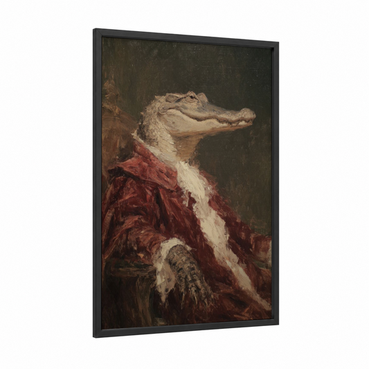 Crimson Alligator framed art print — black wood frame — maroon and beige palette