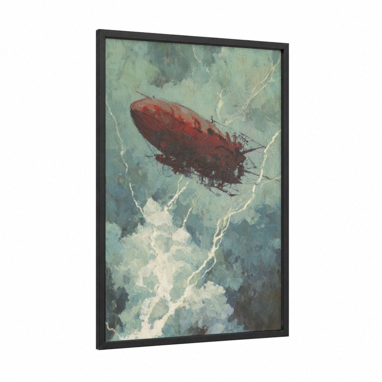 Crimson Airship framed art print — black wood frame — teal and maroon palette