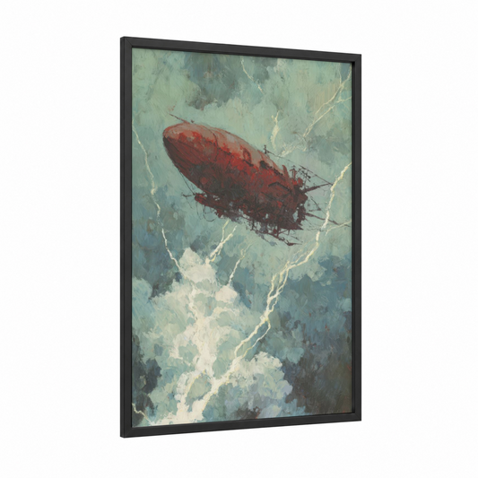 Crimson Airship framed art print — black wood frame — teal and maroon palette