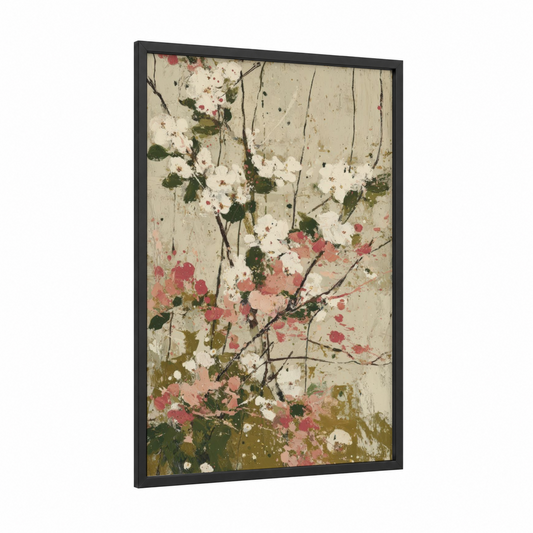 Blush Dogwood framed art print — black wood frame — cream and salmon pink palette