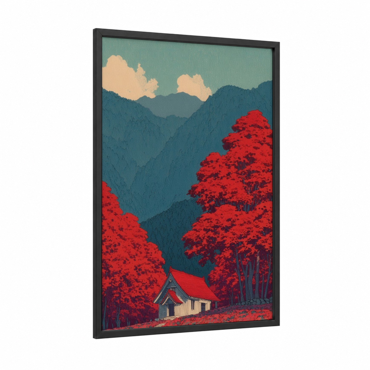 Crimson Chapel Valley framed churches and chapels print — black wood frame — teal and red palette
