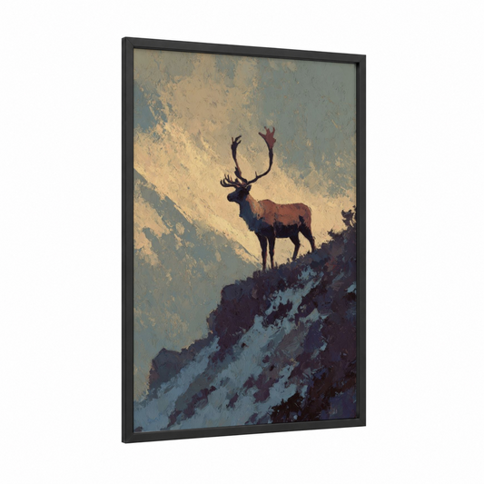 Alpine Reindeer framed art print — black wood frame — gold and blue and gray palette