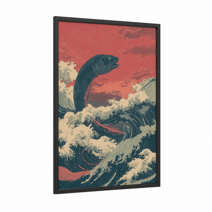 Crimson Wave Eel framed eels print — black wood frame — red and black and white palette