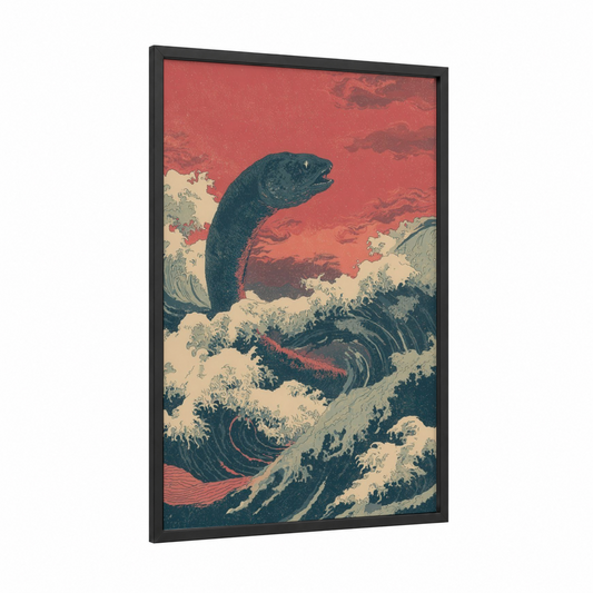 Crimson Wave Eel framed eels print — black wood frame — red and black and white palette